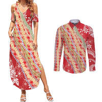 Red Palaka Hawaii Leis Couples Matching Summer Maxi Dress and Long Sleeve Button Shirt Hawaiian-plaid Elegant Tropical Vibes - Polynesian Pride