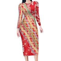 Red Palaka Hawaii Leis Family Matching Long Sleeve Bodycon Dress and Hawaiian Shirt Hawaiian-plaid Elegant Tropical Vibes LT14 Mom's Dress Red - Polynesian Pride