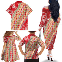 Red Palaka Hawaii Leis Family Matching Off The Shoulder Long Sleeve Dress and Hawaiian Shirt Hawaiian-plaid Elegant Tropical Vibes - Polynesian Pride