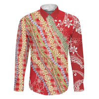 Red Palaka Hawaii Leis Family Matching Off The Shoulder Long Sleeve Dress and Hawaiian Shirt Hawaiian-plaid Elegant Tropical Vibes LT14 Dad's Shirt - Long Sleeve Red - Polynesian Pride