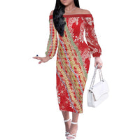 Red Palaka Hawaii Leis Family Matching Off The Shoulder Long Sleeve Dress and Hawaiian Shirt Hawaiian-plaid Elegant Tropical Vibes LT14 Mom's Dress Red - Polynesian Pride