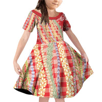 Red Palaka Hawaii Leis Family Matching Off Shoulder Short Dress and Hawaiian Shirt Hawaiian-plaid Elegant Tropical Vibes - Polynesian Pride