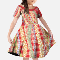 Red Palaka Hawaii Leis Family Matching Short Sleeve Bodycon Dress and Hawaiian Shirt Hawaiian-plaid Elegant Tropical Vibes LT14 Daughter's Dress Red - Polynesian Pride