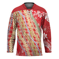 Red Palaka Hawaii Leis Hockey Jersey Hawaiian-plaid Elegant Tropical Vibes - Polynesian Pride