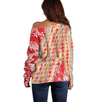 Red Palaka Hawaii Leis Off Shoulder Sweater Hawaiian-plaid Elegant Tropical Vibes - Polynesian Pride