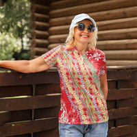 Red Palaka Hawaii Leis Women Polo Shirt Hawaiian-plaid Elegant Tropical Vibes - Polynesian Pride