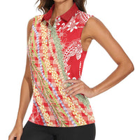 Red Palaka Hawaii Leis Women Sleeveless Polo Shirt Hawaiian-plaid Elegant Tropical Vibes - Polynesian Pride