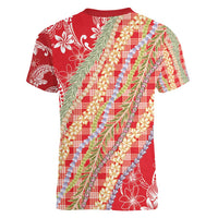 Red Palaka Hawaii Leis Women V-Neck T-Shirt Hawaiian-plaid Elegant Tropical Vibes - Polynesian Pride