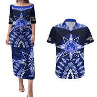 Tonga Tupou College And Queen Salote College Couples Matching Puletasi Dress and Hawaiian Shirt Tongan Ngatu Pattern LT14 Blue - Polynesian Pride