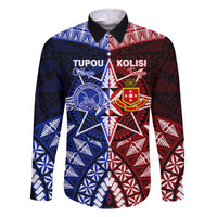 Personalised Tupou College And Kolisi Tonga Atele Family Matching Off Shoulder Maxi Dress and Hawaiian Shirt Tongan Ngatu Pattern LT14 Dad's Shirt - Long Sleeve Blue - Polynesian Pride