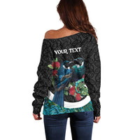 Personalised Valentine's Day New Zealand Off Shoulder Sweater Tui Bird Couple Kowhaiwhai Mix Pohutukawa