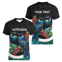 Personalised Valentine's Day New Zealand Women V-Neck T-Shirt Tui Bird Couple Kowhaiwhai Mix Pohutukawa LT14 - Polynesian Pride