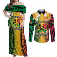Vanuatu Independence Day Couples Matching Off Shoulder Maxi Dress and Long Sleeve Button Shirt Long God Yumi Stanap Happy 46th Anniversary LT14 Reggae - Polynesian Pride