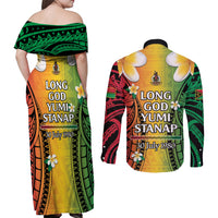 Vanuatu Independence Day Couples Matching Off Shoulder Maxi Dress and Long Sleeve Button Shirt Long God Yumi Stanap Happy 46th Anniversary LT14 - Polynesian Pride