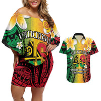 Vanuatu Independence Day Couples Matching Off Shoulder Short Dress and Hawaiian Shirt Long God Yumi Stanap Happy 45th Anniversary LT14