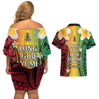 Vanuatu Independence Day Couples Matching Off Shoulder Short Dress and Hawaiian Shirt Long God Yumi Stanap Happy 46th Anniversary LT14 - Polynesian Pride