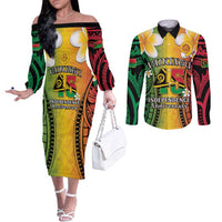 Vanuatu Independence Day Couples Matching Off The Shoulder Long Sleeve Dress and Long Sleeve Button Shirt Long God Yumi Stanap Happy 45th Anniversary LT14 Reggae - Polynesian Pride