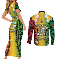 Vanuatu Independence Day Couples Matching Short Sleeve Bodycon Dress and Long Sleeve Button Shirt Long God Yumi Stanap Happy 46th Anniversary LT14 - Polynesian Pride