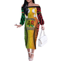 Vanuatu Independence Day Family Matching Off The Shoulder Long Sleeve Dress and Hawaiian Shirt Long God Yumi Stanap Happy 46th Anniversary LT14 Mom's Dress Reggae - Polynesian Pride