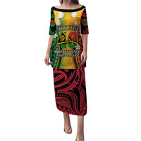 Vanuatu Independence Day Family Matching Puletasi and Hawaiian Shirt Long God Yumi Stanap Happy 45th Anniversary LT14 Mom's Dress Reggae - Polynesian Pride