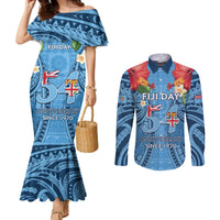 Fiji Day Couples Matching Mermaid Dress and Long Sleeve Button Shirt Happy 54 Years Of Independence Tapa Pattern Blue LT14 Blue - Polynesian Pride