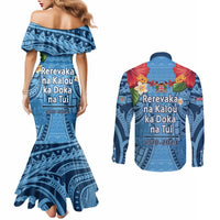 Fiji Day Couples Matching Mermaid Dress and Long Sleeve Button Shirt Happy 54 Years Of Independence Tapa Pattern Blue LT14 - Polynesian Pride