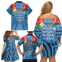 Fiji Day Family Matching Off Shoulder Short Dress and Hawaiian Shirt Happy 54 Years Of Independence Tapa Pattern Blue LT14 - Polynesian Pride