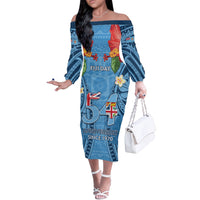 Fiji Day Off The Shoulder Long Sleeve Dress Happy 54 Years Of Independence Tapa Pattern Blue