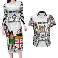 Fiji Day Couples Matching Long Sleeve Bodycon Dress and Hawaiian Shirt Happy 54 Years Of Independence Tapa Pattern White LT14 White - Polynesian Pride