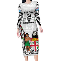 Fiji Day Family Matching Long Sleeve Bodycon Dress and Hawaiian Shirt Happy 54 Years Of Independence Tapa Pattern White