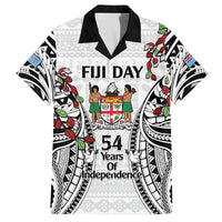 Fiji Day Family Matching Off Shoulder Short Dress and Hawaiian Shirt Happy 54 Years Of Independence Tapa Pattern White LT14 Dad's Shirt - Short Sleeve White - Polynesian Pride