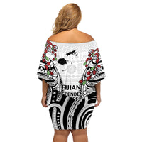 Fiji Day Family Matching Off Shoulder Short Dress and Hawaiian Shirt Happy 54 Years Of Independence Tapa Pattern White LT14 - Polynesian Pride