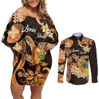 Personalised Aloha Hawaii Lanai Island Couples Matching Off Shoulder Short Dress and Long Sleeve Button Shirt Pineapple Isle Map Sea Turtle Plumeria