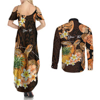 Personalised Aloha Hawaii Lanai Island Couples Matching Summer Maxi Dress and Long Sleeve Button Shirt Pineapple Isle Map Sea Turtle Plumeria
