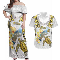 Personalised Aloha Hawaii Niihau Island Couples Matching Off Shoulder Maxi Dress and Hawaiian Shirt Forbidden Isle Map Shell Lei