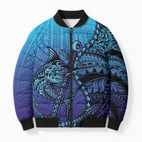 Personalised Polynesia Blue Marlin Fishing Bomber Puffer Jacket Marlin Anchor Tattoo Polynesian Pattern
