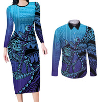 Personalised Polynesia Blue Marlin Fishing Couples Matching Long Sleeve Bodycon Dress and Long Sleeve Button Shirt Marlin Anchor Tattoo Polynesian Pattern