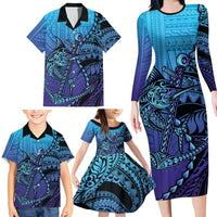 Personalised Polynesia Blue Marlin Fishing Family Matching Long Sleeve Bodycon Dress and Hawaiian Shirt Marlin Anchor Tattoo Polynesian Pattern LT14 - Polynesian Pride