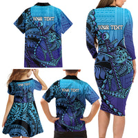Personalised Polynesia Blue Marlin Fishing Family Matching Long Sleeve Bodycon Dress and Hawaiian Shirt Marlin Anchor Tattoo Polynesian Pattern LT14 - Polynesian Pride