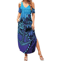 Personalised Polynesia Blue Marlin Fishing Family Matching Summer Maxi Dress and Hawaiian Shirt Marlin Anchor Tattoo Polynesian Pattern