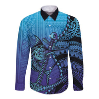 Personalised Polynesia Blue Marlin Fishing Long Sleeve Button Shirt Marlin Anchor Tattoo Polynesian Pattern