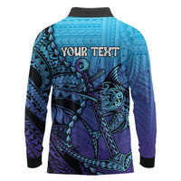 Personalised Polynesia Blue Marlin Fishing Long Sleeve Polo Shirt Marlin Anchor Tattoo Polynesian Pattern
