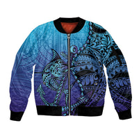 Personalised Polynesia Blue Marlin Fishing Sleeve Zip Bomber Jacket Marlin Anchor Tattoo Polynesian Pattern