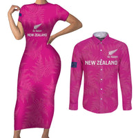 Custom New Zealand Silver Fern Rugby Couples Matching Short Sleeve Bodycon Dress and Long Sleeve Button Shirt Go Aotearoa - Pink Version