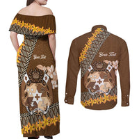 Personalised Tonga Language Week Couples Matching Off Shoulder Maxi Dress and Long Sleeve Button Shirt Malo e Lelei Tongan Ngatu Pattern - Brown