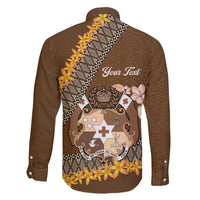 Personalised Tonga Language Week Family Matching Off The Shoulder Long Sleeve Dress and Hawaiian Shirt Malo e Lelei Tongan Ngatu Pattern - Brown LT14 - Polynesian Pride
