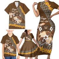 Personalised Tonga Language Week Family Matching Short Sleeve Bodycon Dress and Hawaiian Shirt Malo e Lelei Tongan Ngatu Pattern - Brown LT14 - Polynesian Pride