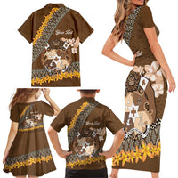 Personalised Tonga Language Week Family Matching Short Sleeve Bodycon Dress and Hawaiian Shirt Malo e Lelei Tongan Ngatu Pattern - Brown LT14 - Polynesian Pride