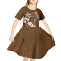 Personalised Tonga Language Week Kid Short Sleeve Dress Malo e Lelei Tongan Ngatu Pattern - Brown