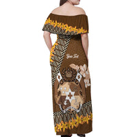 Personalised Tonga Language Week Off Shoulder Maxi Dress Malo e Lelei Tongan Ngatu Pattern - Brown